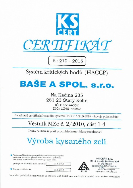 Certifikát - HACCP