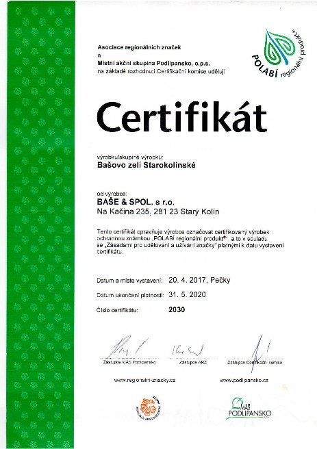 Certifikát - Bašovo zelí Starokolínské